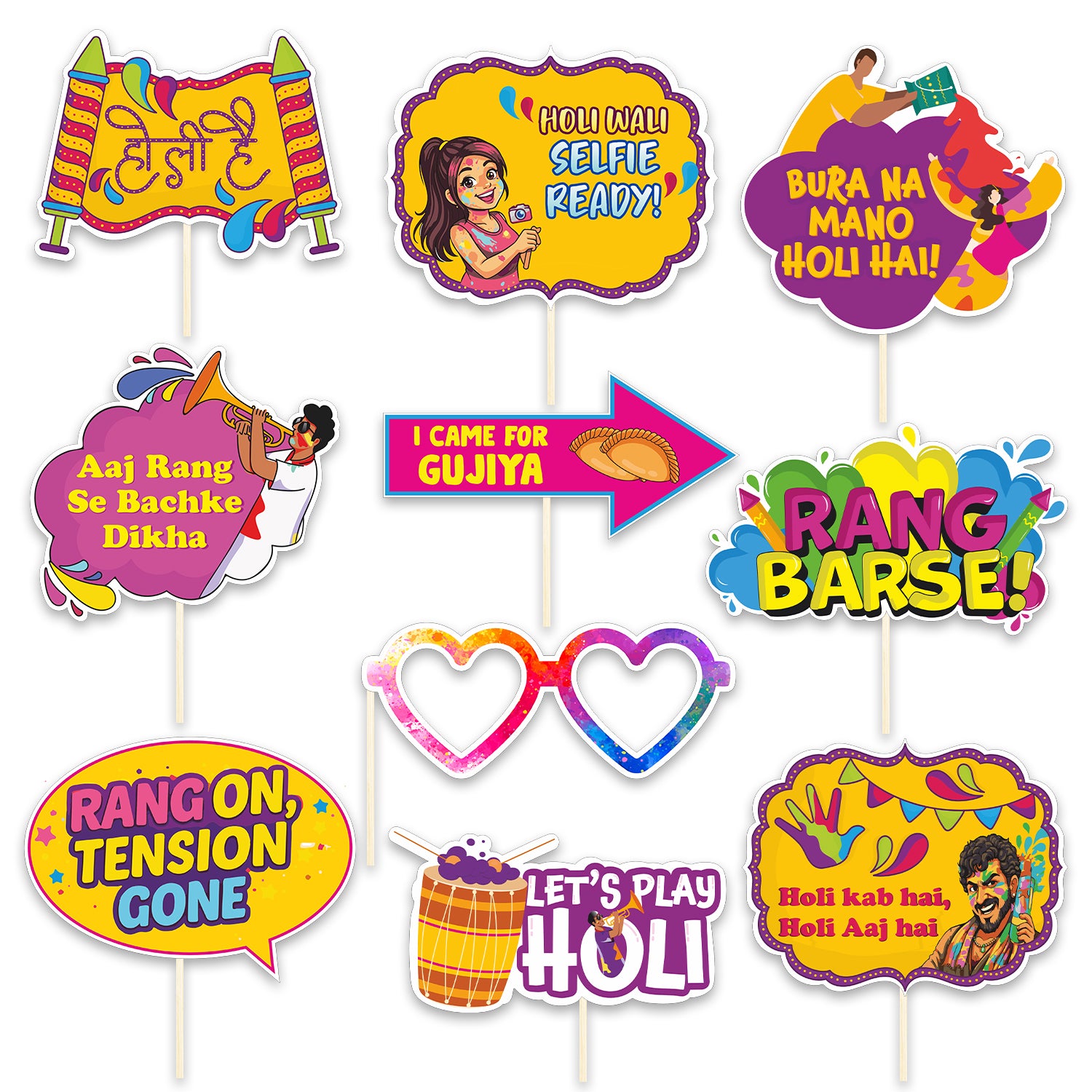 Holi Photo Props - Set of 10