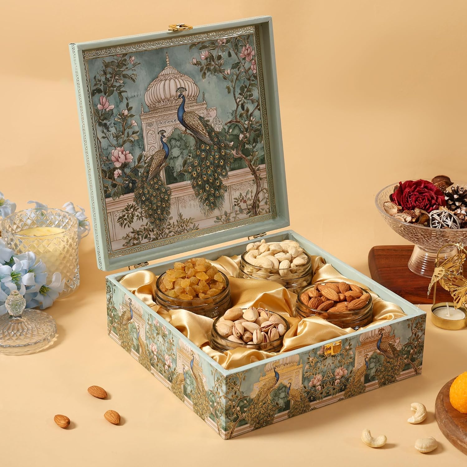BEE CREATIVE Premium Dry Fruits Gift Hamper Pack for Diwali, Dussehra, Weddings & Corporate Gifting | Almonds, Cashews, Pistachios & Raisins | Festive Healthy Dry Fruit Gift Combo