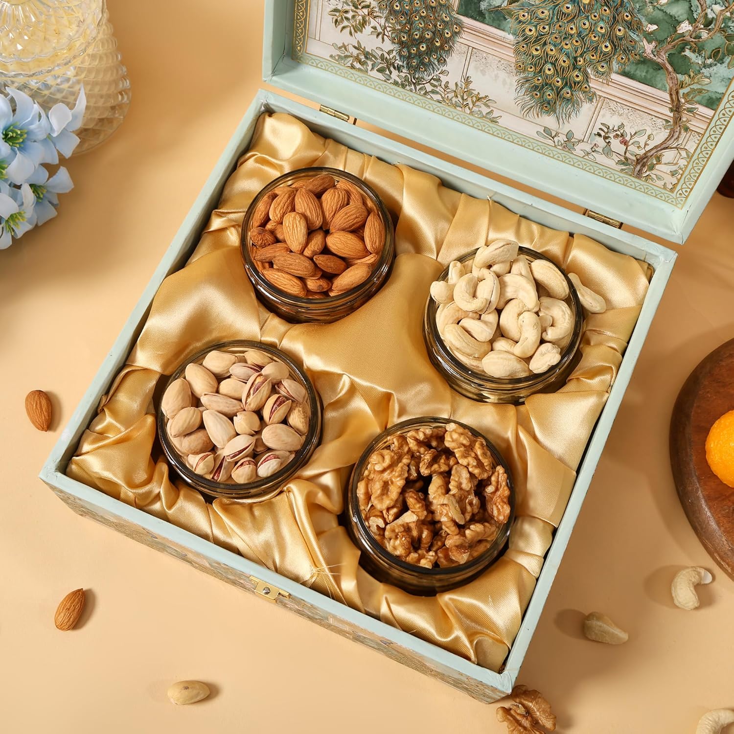 BEE CREATIVE Premium Dry Fruits Gift Hamper Pack | Almonds, Cashews, Walnuts & Pistachios | Festive Combo Box of 4 (75g Each) | Healthy Dry Fruit Gift for Dussehra, Diwali & Corporate Gifting