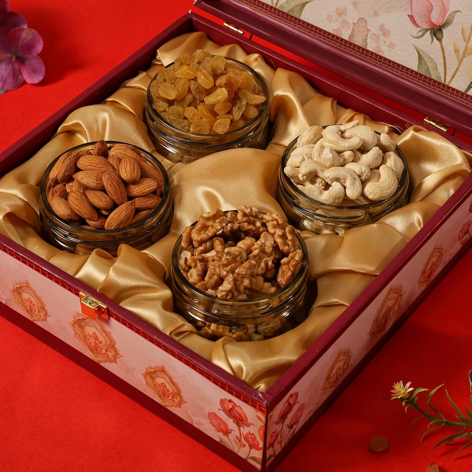 BEE CREATIVE Premium Dry Fruits Gift Hamper Pack | Almonds, Cashews, Walnuts & Raisins | Festive Combo Box of 4 (75g Each) | Healthy Dry Fruit Gift for Diwali, Dussehra & Corporate Gifting