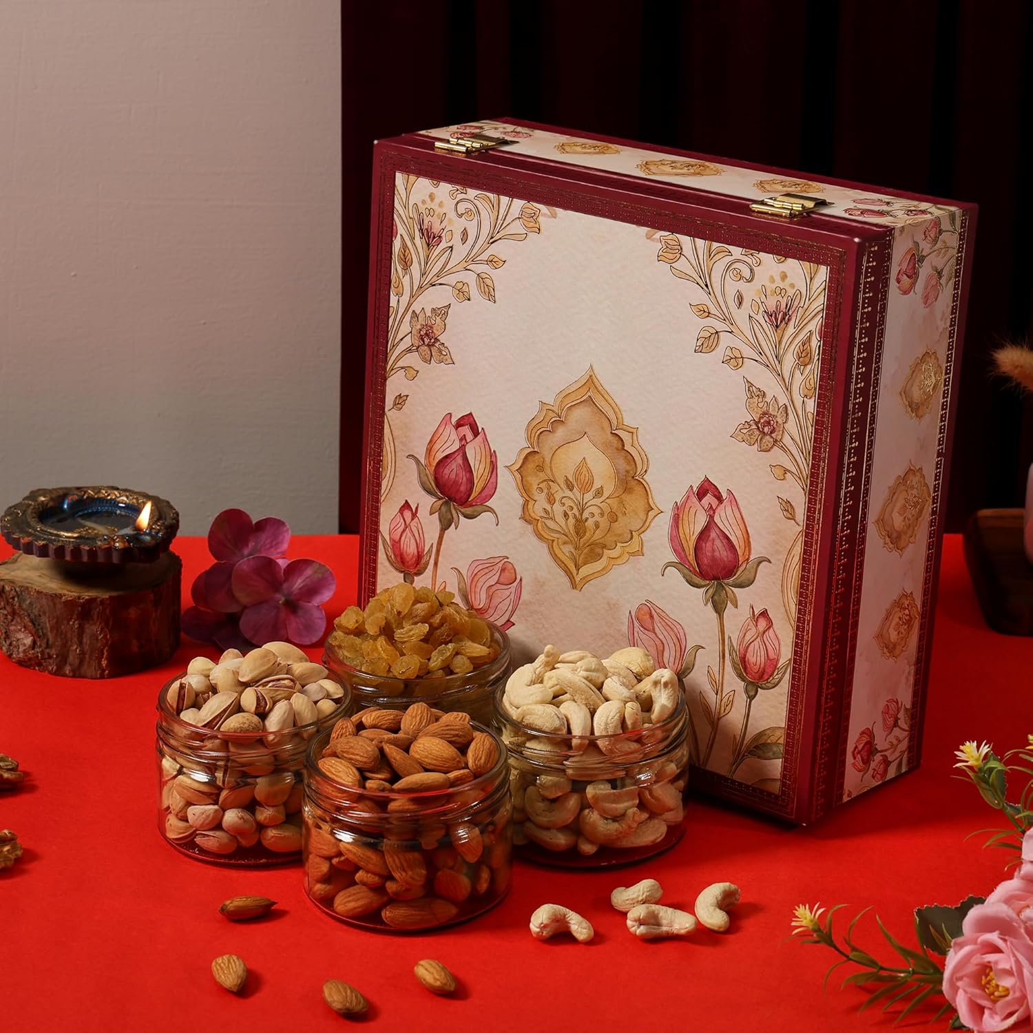 BEE CREATIVE Premium Dry Fruits Gift Hamper Pack for Diwali, Dussehra, Weddings & Corporate Gifting | Almonds, Cashews, Pistachios & Raisins | Festive Healthy Dry Fruit Gift Combo