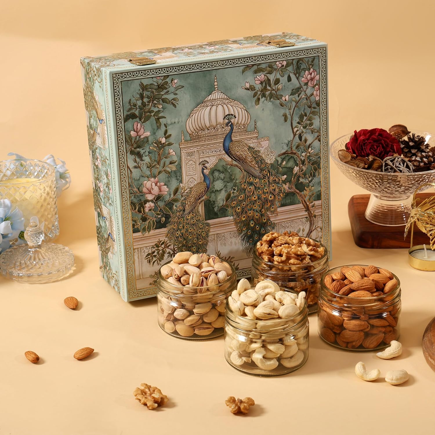 BEE CREATIVE Premium Dry Fruits Gift Hamper Pack | Almonds, Cashews, Walnuts & Pistachios | Festive Combo Box of 4 (75g Each) | Healthy Dry Fruit Gift for Dussehra, Diwali & Corporate Gifting