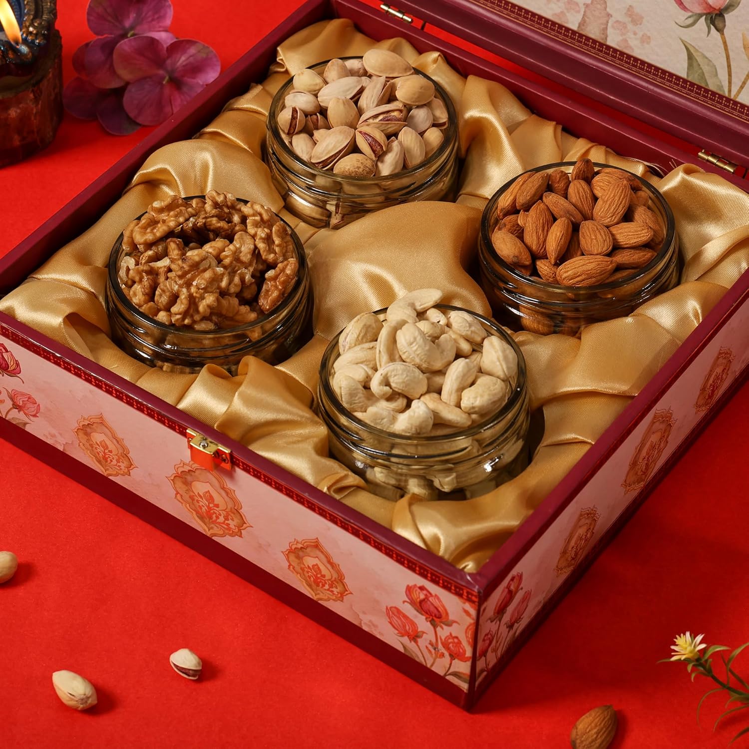 BEE CREATIVE Premium Dry Fruits Gift Hamper Pack | Almonds, Cashews, Walnuts & Pistachios | Festive Combo Box of 4 (75g Each) | Healthy Dry Fruit Gift for Dussehra, Diwali & Corporate Gifting