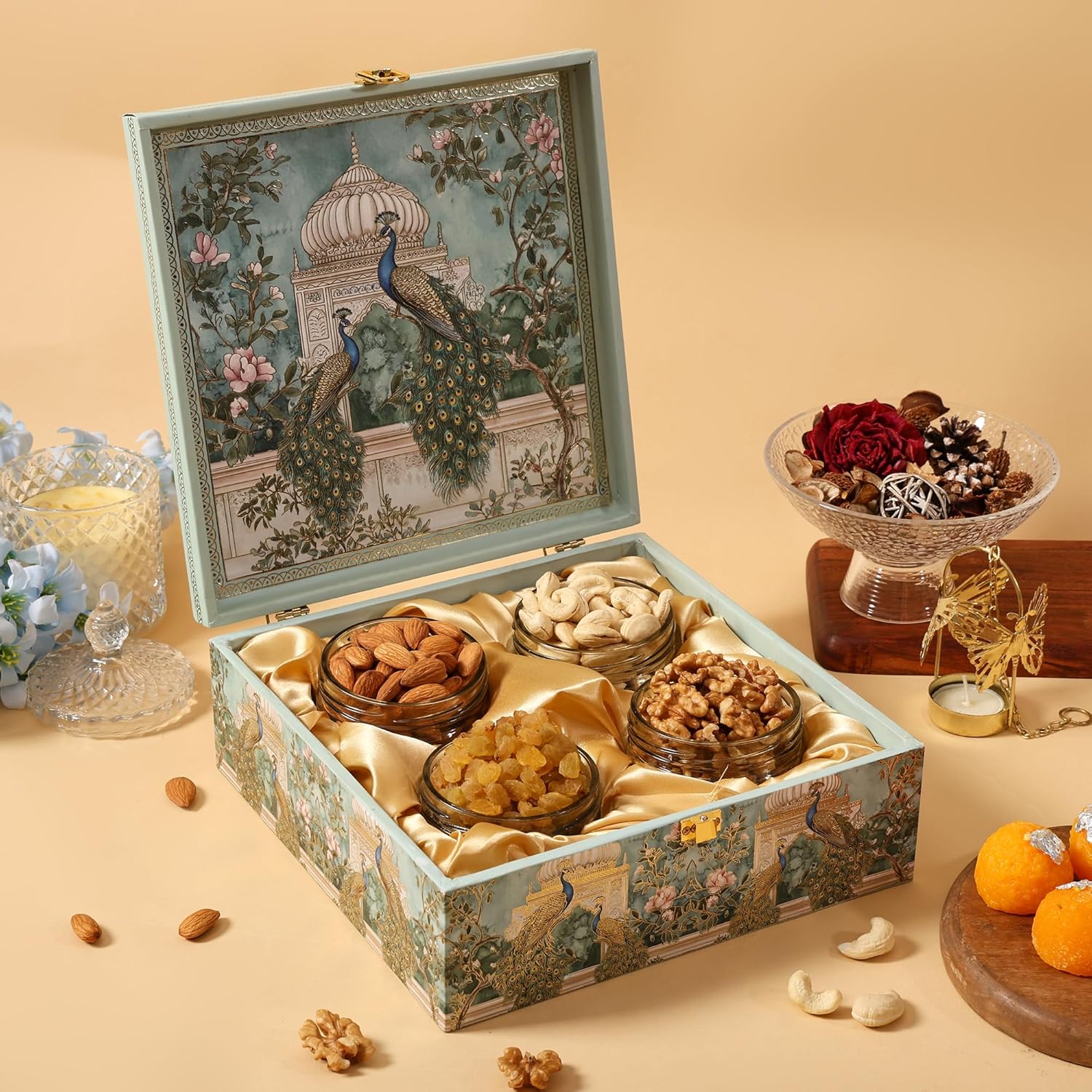 BEE CREATIVE Premium Dry Fruits Gift Hamper Pack | Almonds, Cashews, Walnuts & Raisins | Festive Combo Box of 4 (75g Each) | Healthy Dry Fruit Gift for Diwali, Dussehra & Corporate Gifting