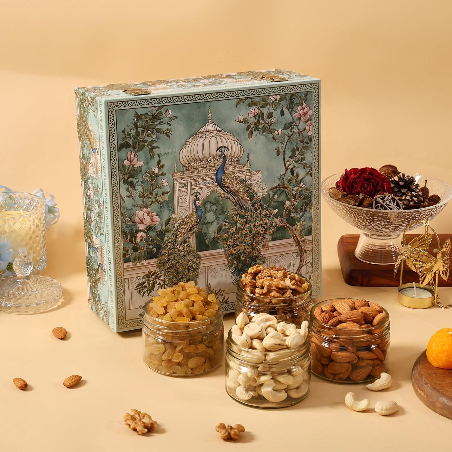 BEE CREATIVE Premium Dry Fruits Gift Hamper Pack | Almonds, Cashews, Walnuts & Raisins | Festive Combo Box of 4 (75g Each) | Healthy Dry Fruit Gift for Diwali, Dussehra & Corporate Gifting