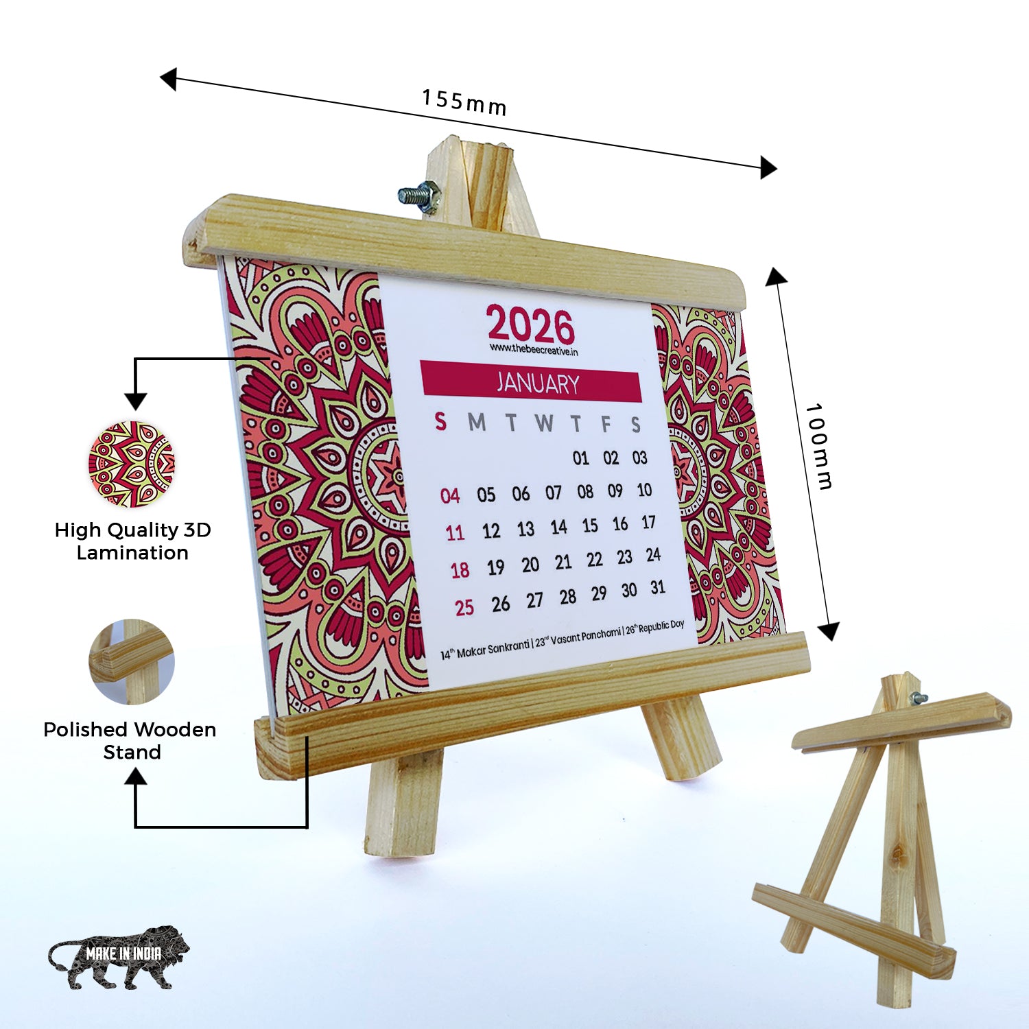 Mandala Art - Wooden Base 2026 Calendar