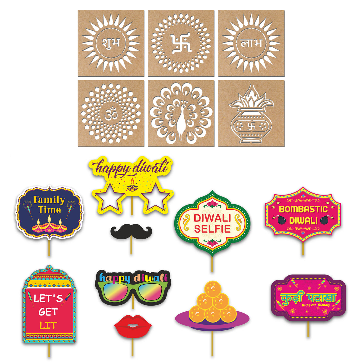 Combo Pack - Rangoli Stencils & Diwali Photo Props (Total Pcs-16)